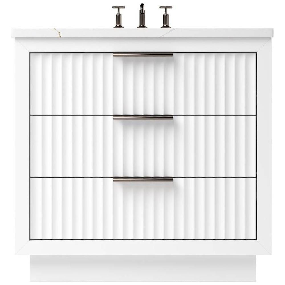 Bathroom vanity with white countertop and glass shelves on a white background