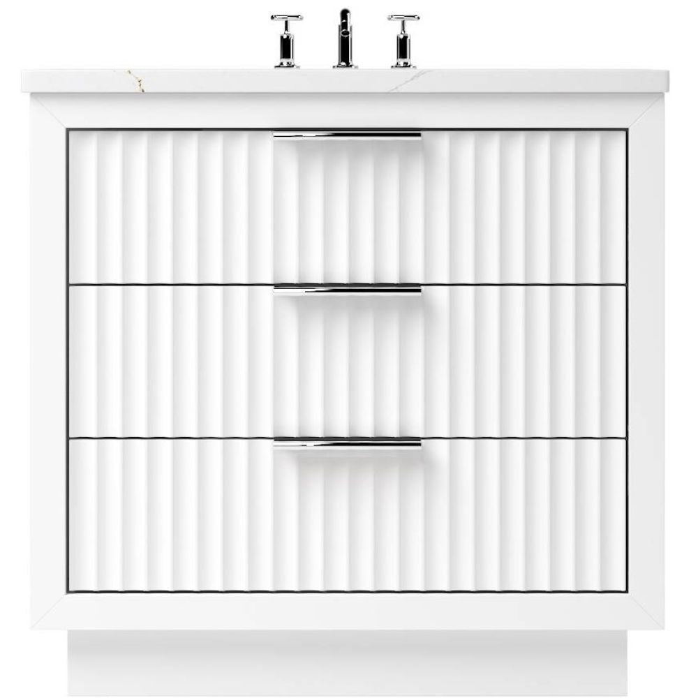 Bathroom vanity with white countertop and striped pattern, featuring three shelves.