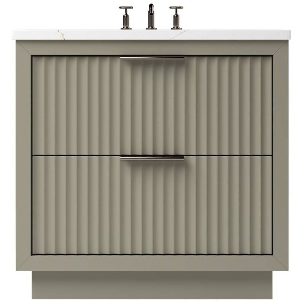 Beige bathroom vanity with two drawers and a white countertop.