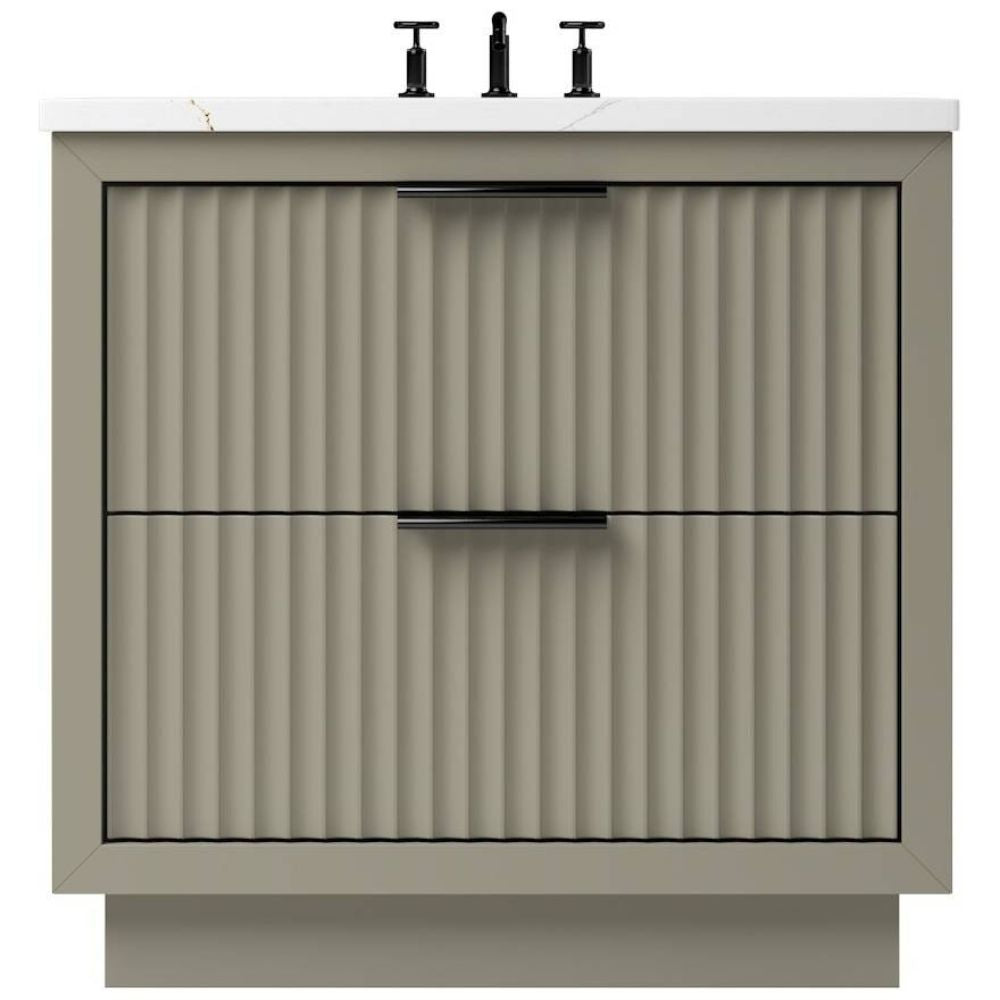 Beige bathroom vanity with two drawers and a white countertop.