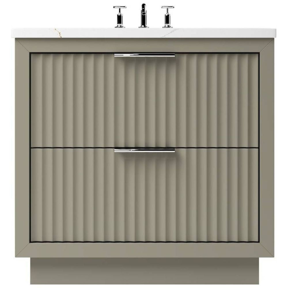 Bathroom vanity with two drawers and a white countertop.