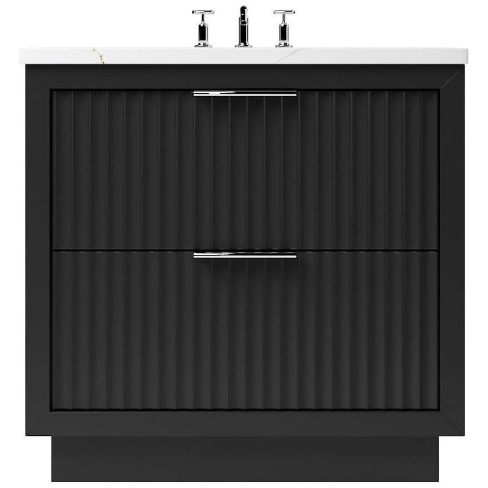 Black bathroom vanity with two drawers and a white countertop.
