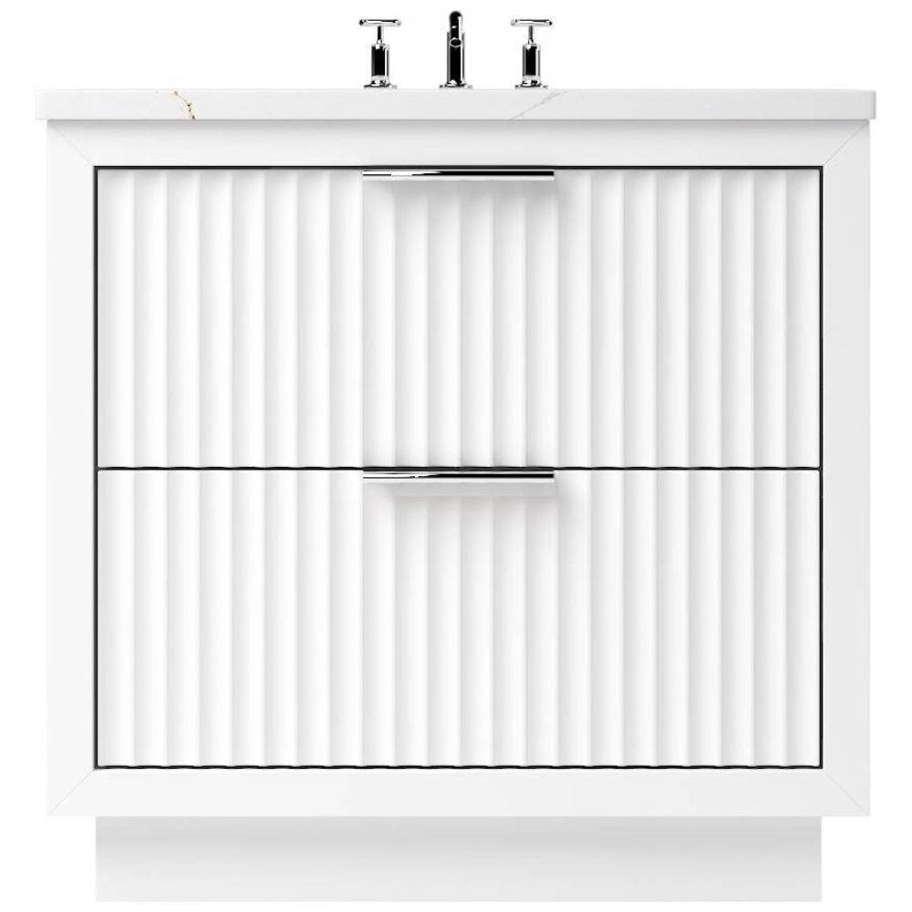 White bathroom vanity with two drawers and a faucet on a white background