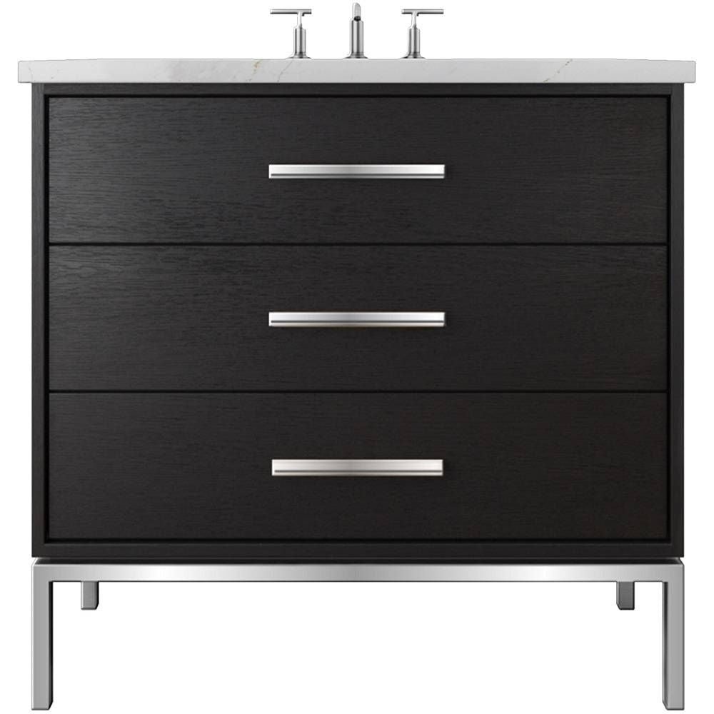 Black vanity cabinet with three drawers and a white countertop on a white background