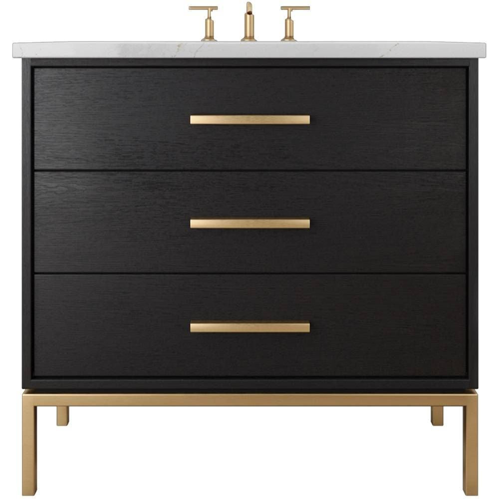 Black vanity with gold accents and a white countertop on a white background