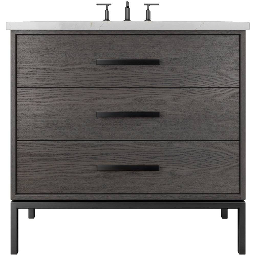 Bathroom vanity with three drawers and a white countertop on a white background