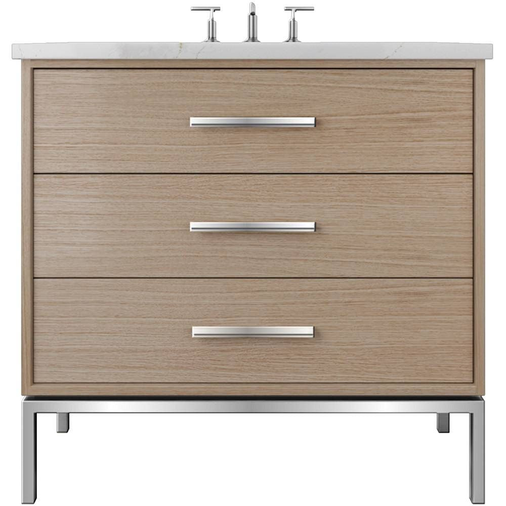 Bathroom vanity with three drawers and a white countertop on a white background