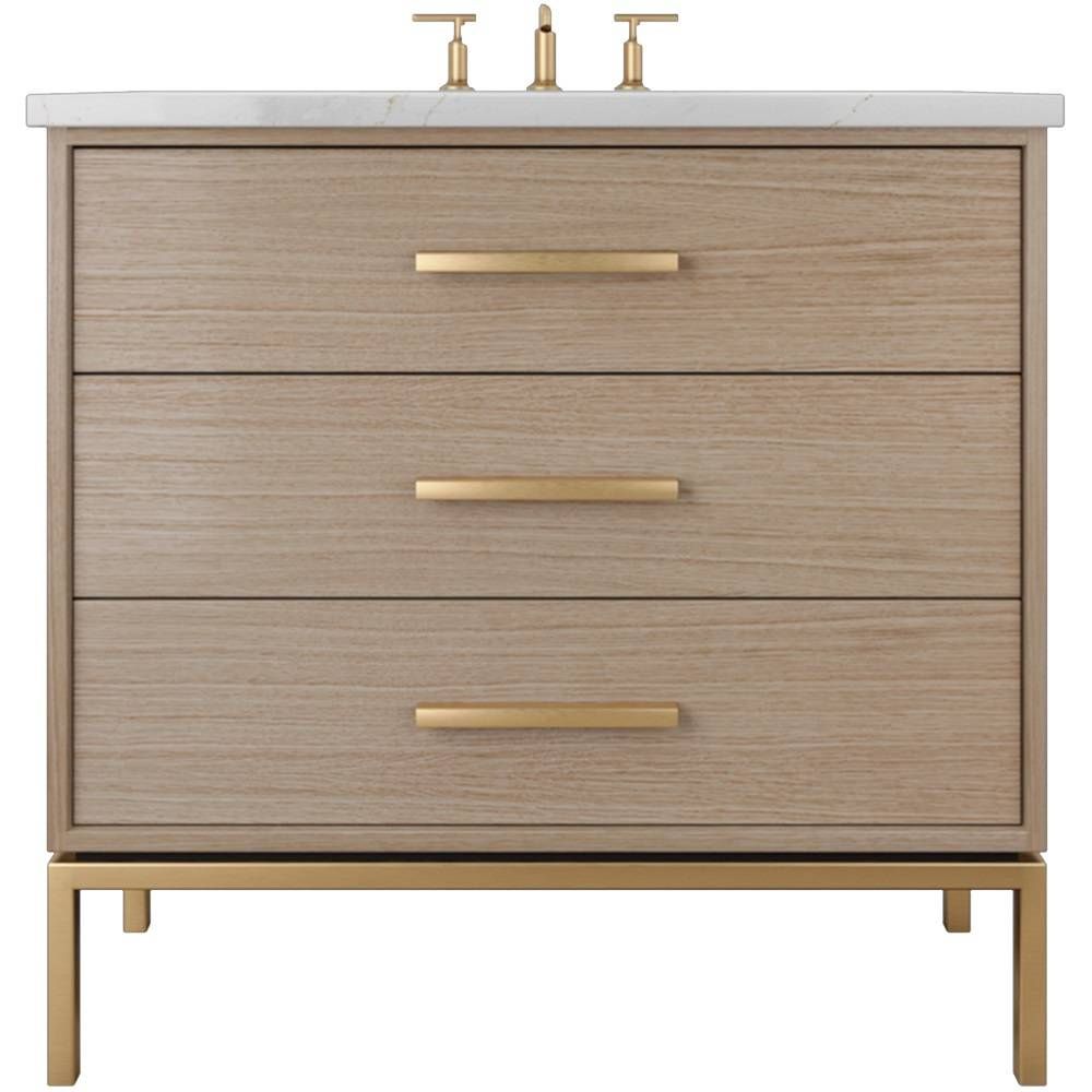 Bathroom vanity with three drawers, gold handles, and a white countertop on a white background