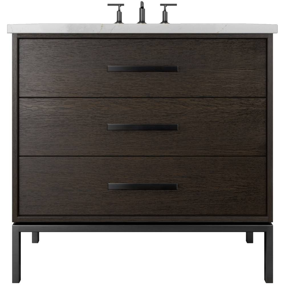 Bathroom vanity with three drawers and a white countertop on a white background