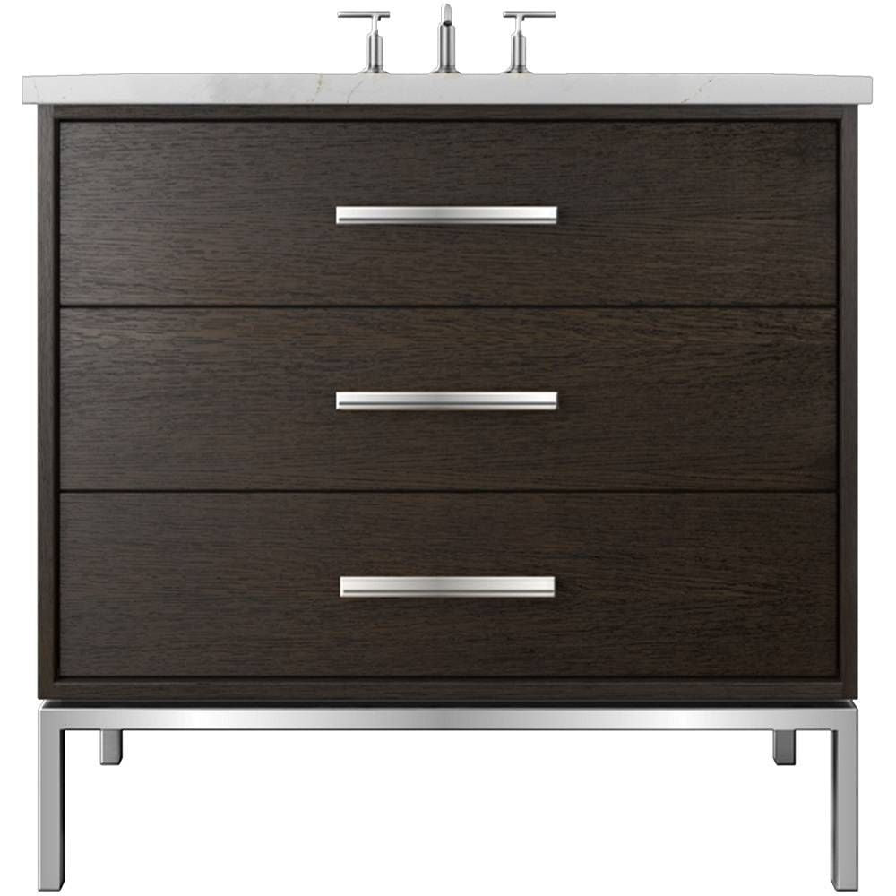 Bathroom vanity with three drawers, silver handles, and a white countertop on a white background