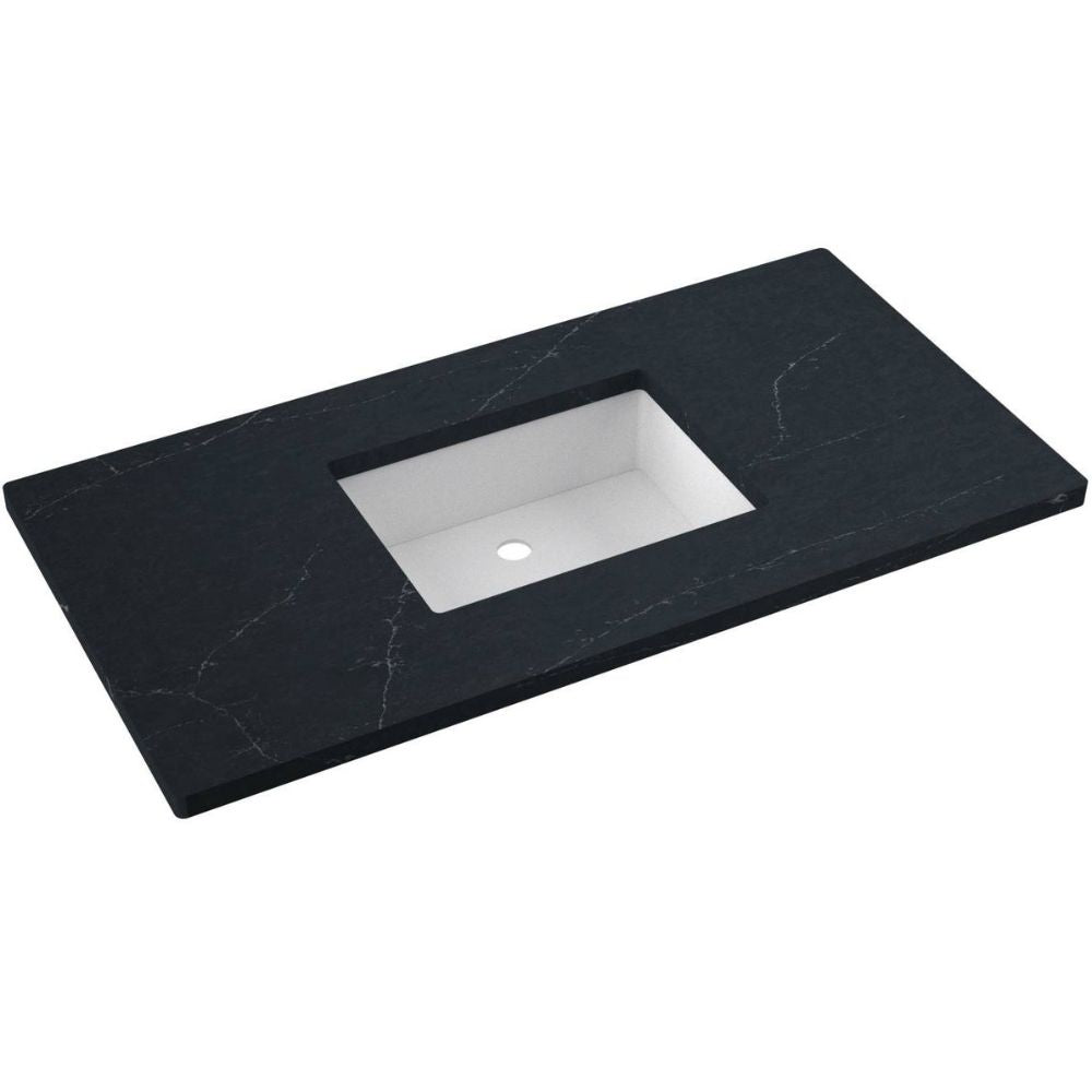 Black marble countertop with a white sink basin on a white background