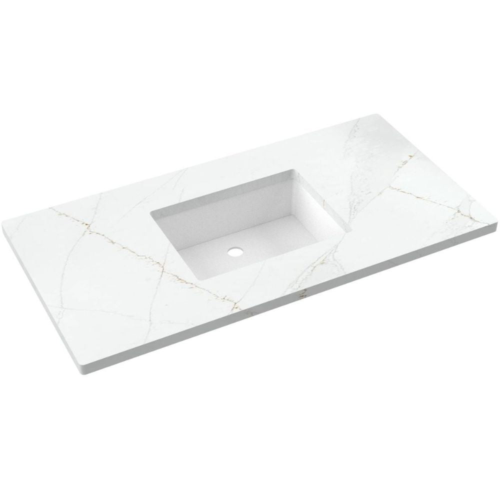 White marble countertop with integrated sink on a white background