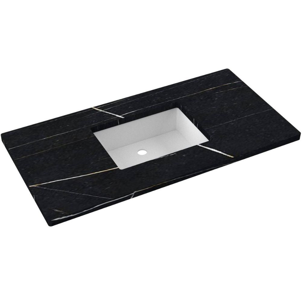 Black marble vanity top with a white sink basin on a white background