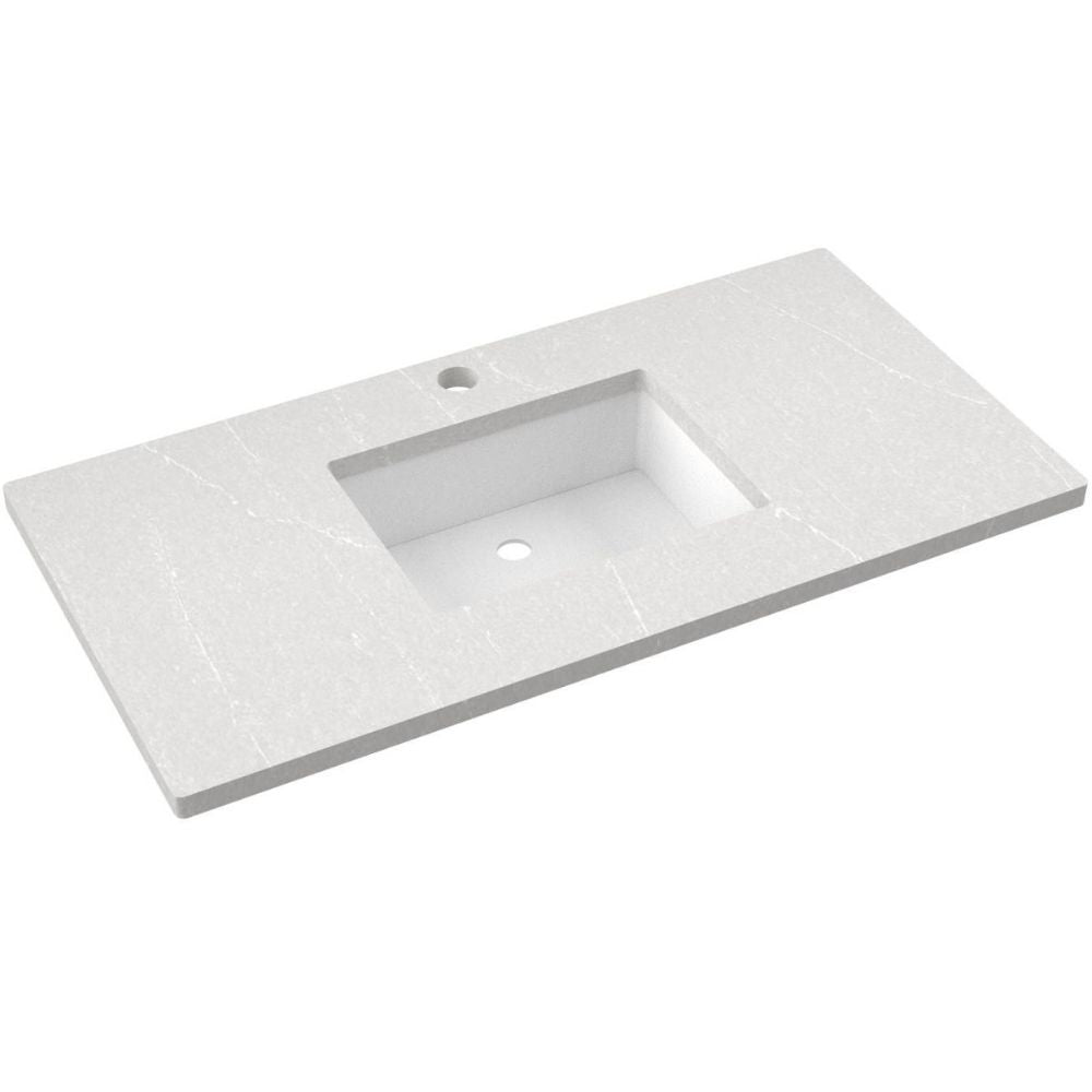 White bathroom vanity with integrated sink on a white background