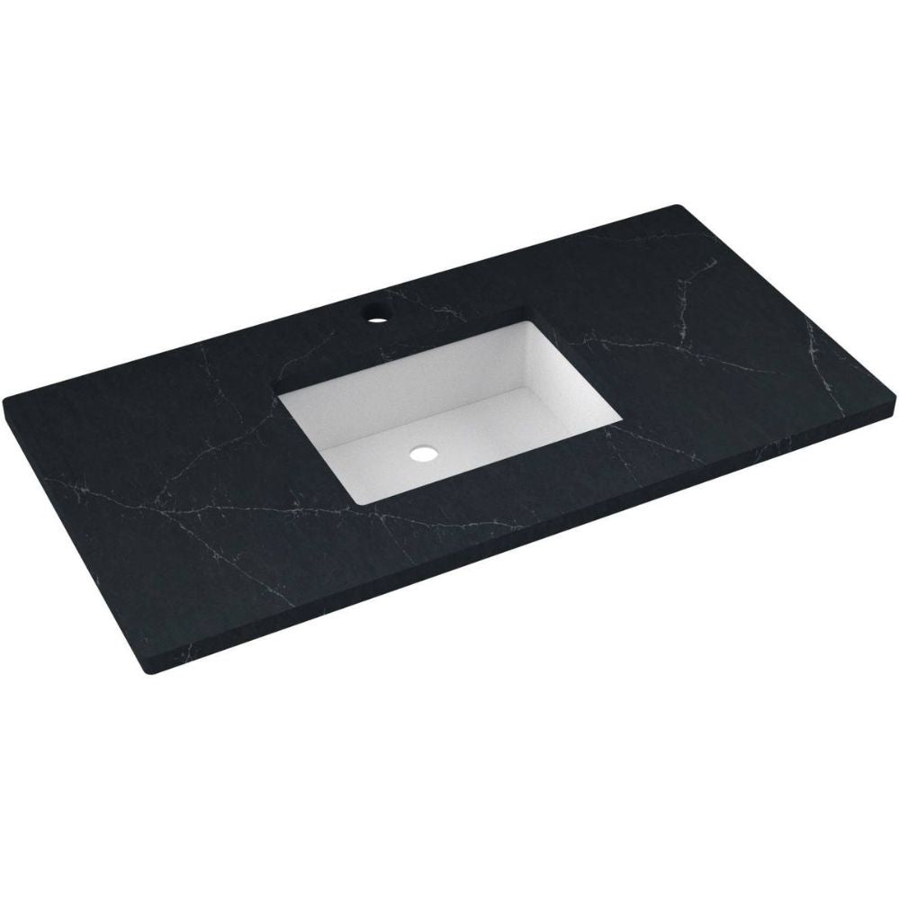 Black marble countertop with a white sink basin on a white background