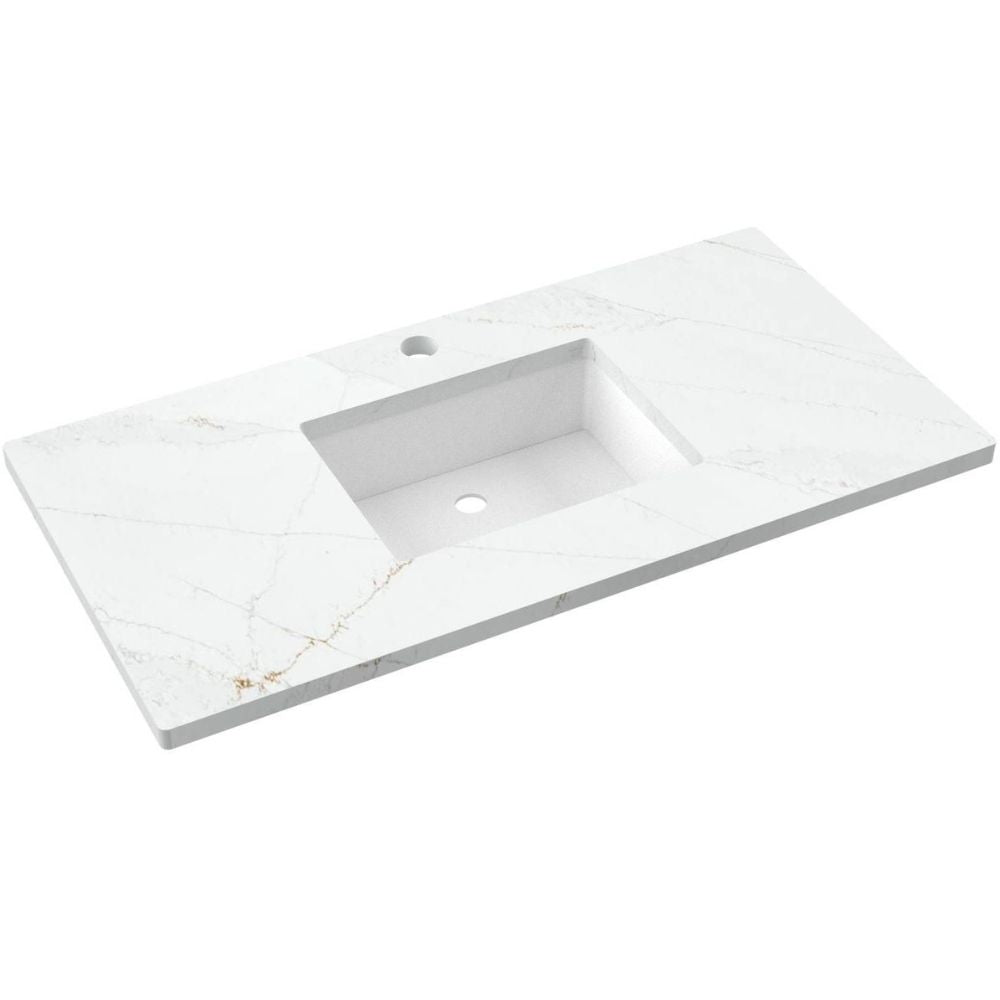 White rectangular sink with marble-like pattern on a white background