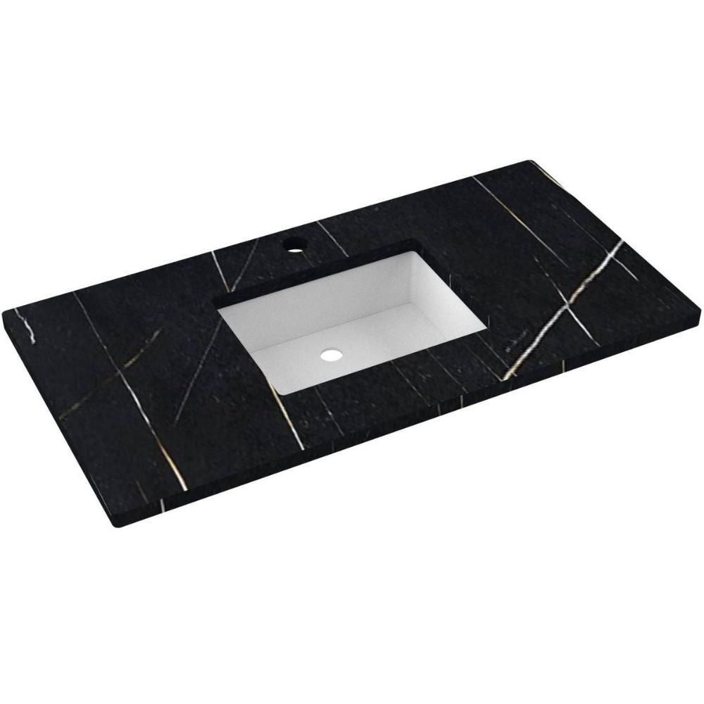 Black marble countertop with a white sink basin on a white background