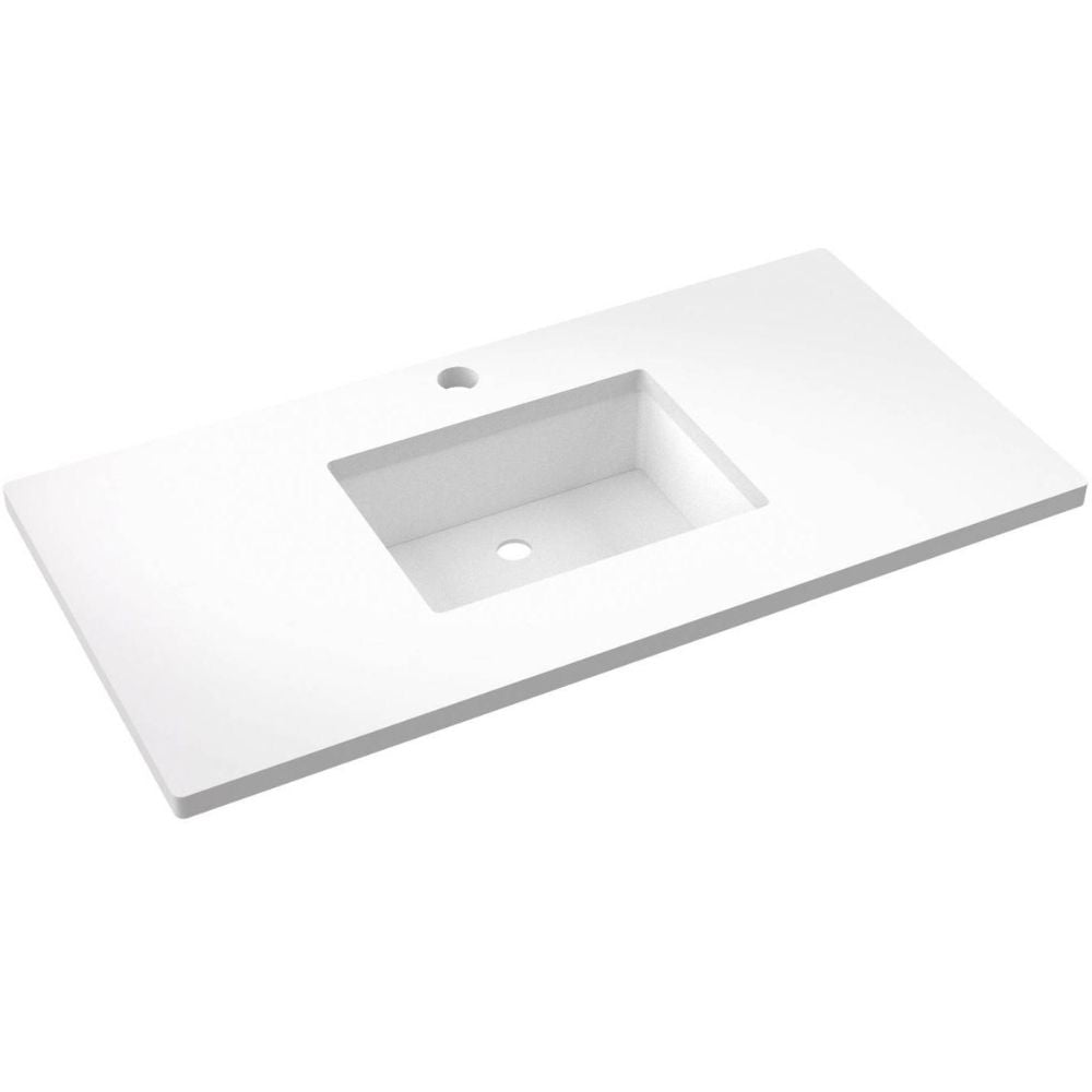 White bathroom vanity with integrated sink on a white background