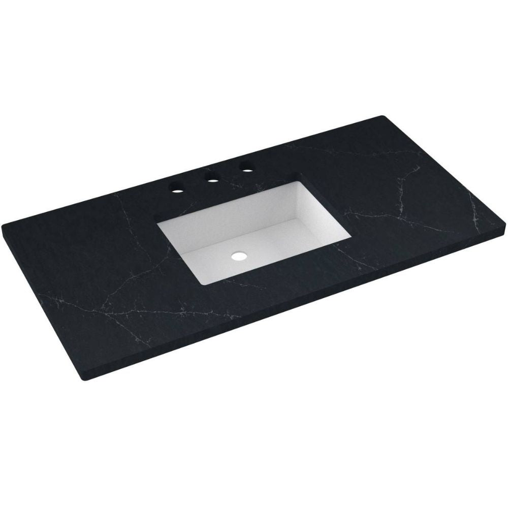 Black marble countertop with a white sink basin on a white background
