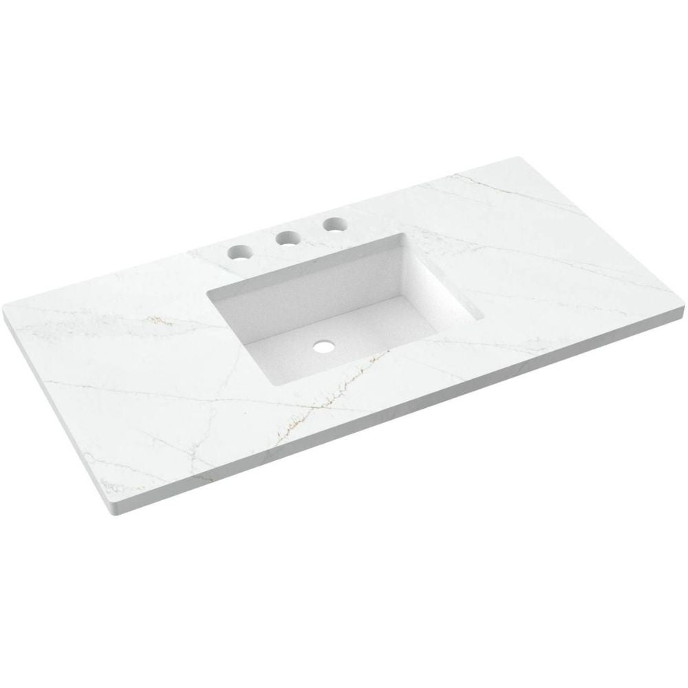 White marble countertop with integrated sink on a white background
