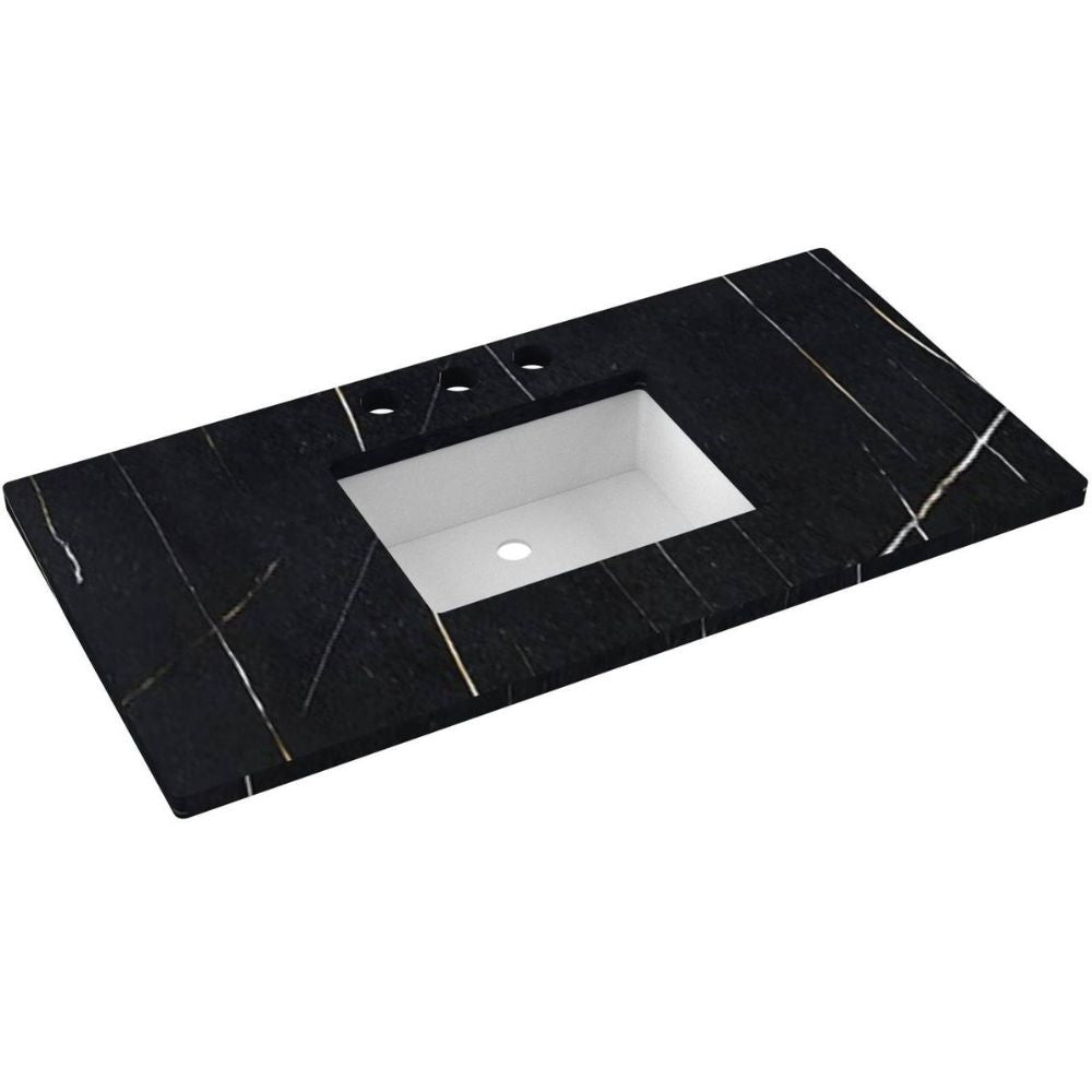 Black marble countertop with a white sink basin on a white background