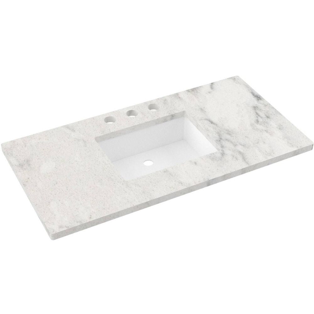 Marble-patterned bathroom vanity top on a white background
