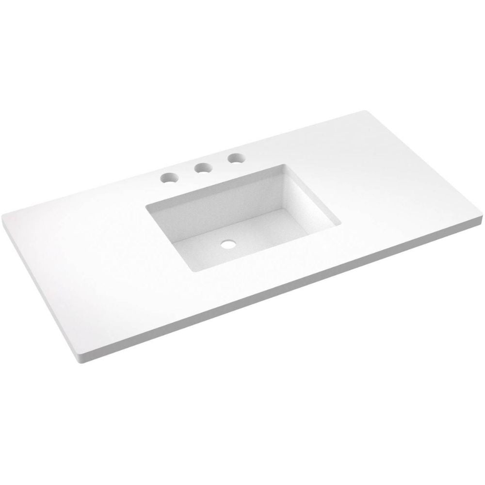 White bathroom vanity with sink on a white background