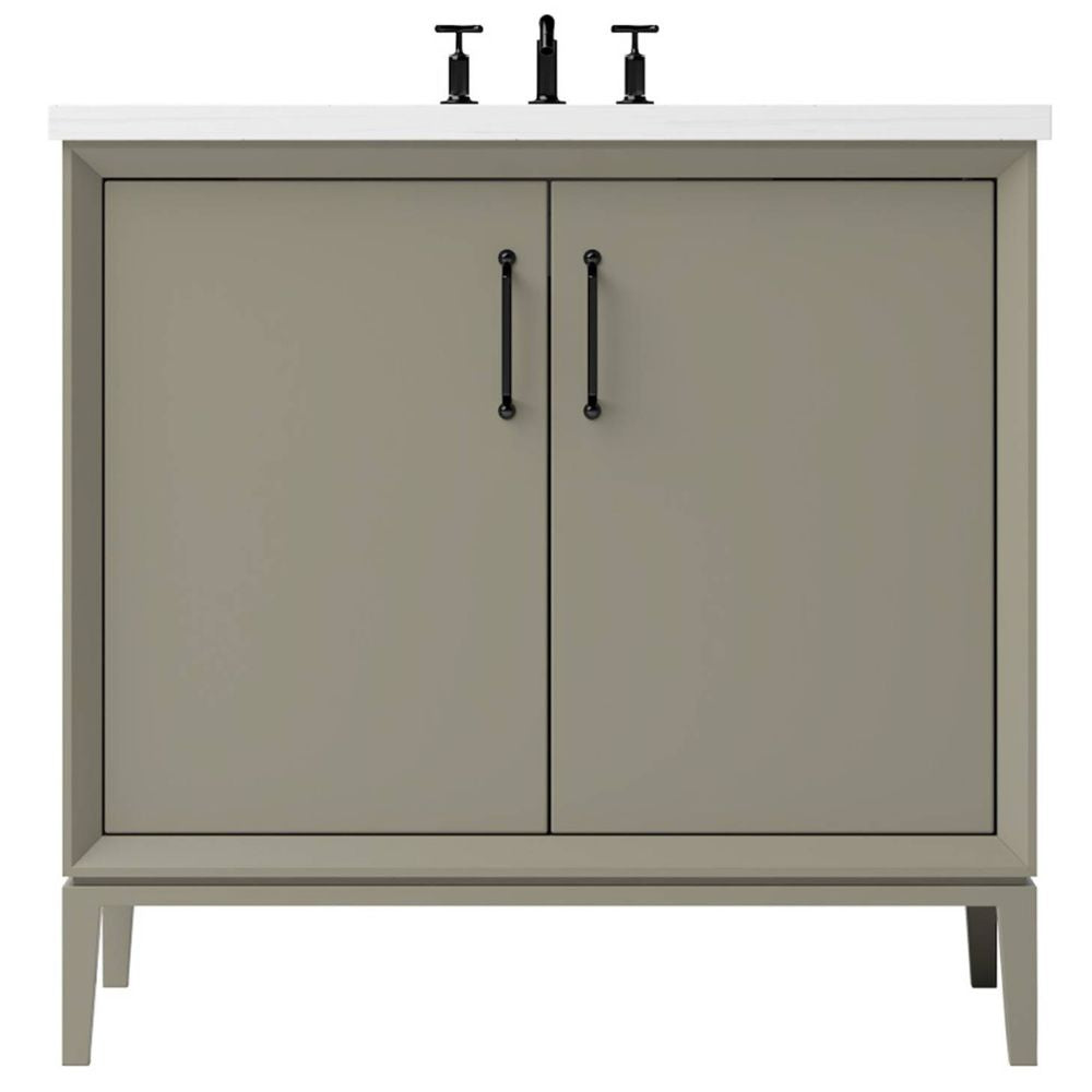 Bathroom vanity with two doors, black handles, and a white countertop on a white background