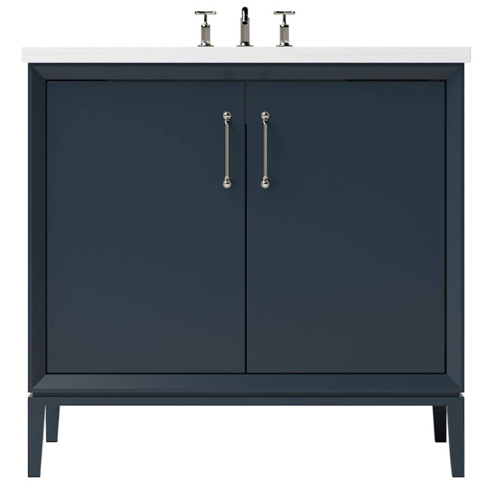 Blue bathroom vanity with white countertop and gold fixtures on a white background