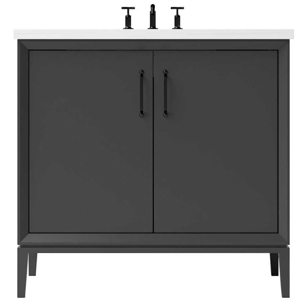 Gray bathroom vanity with white countertop and black fixtures on a white background