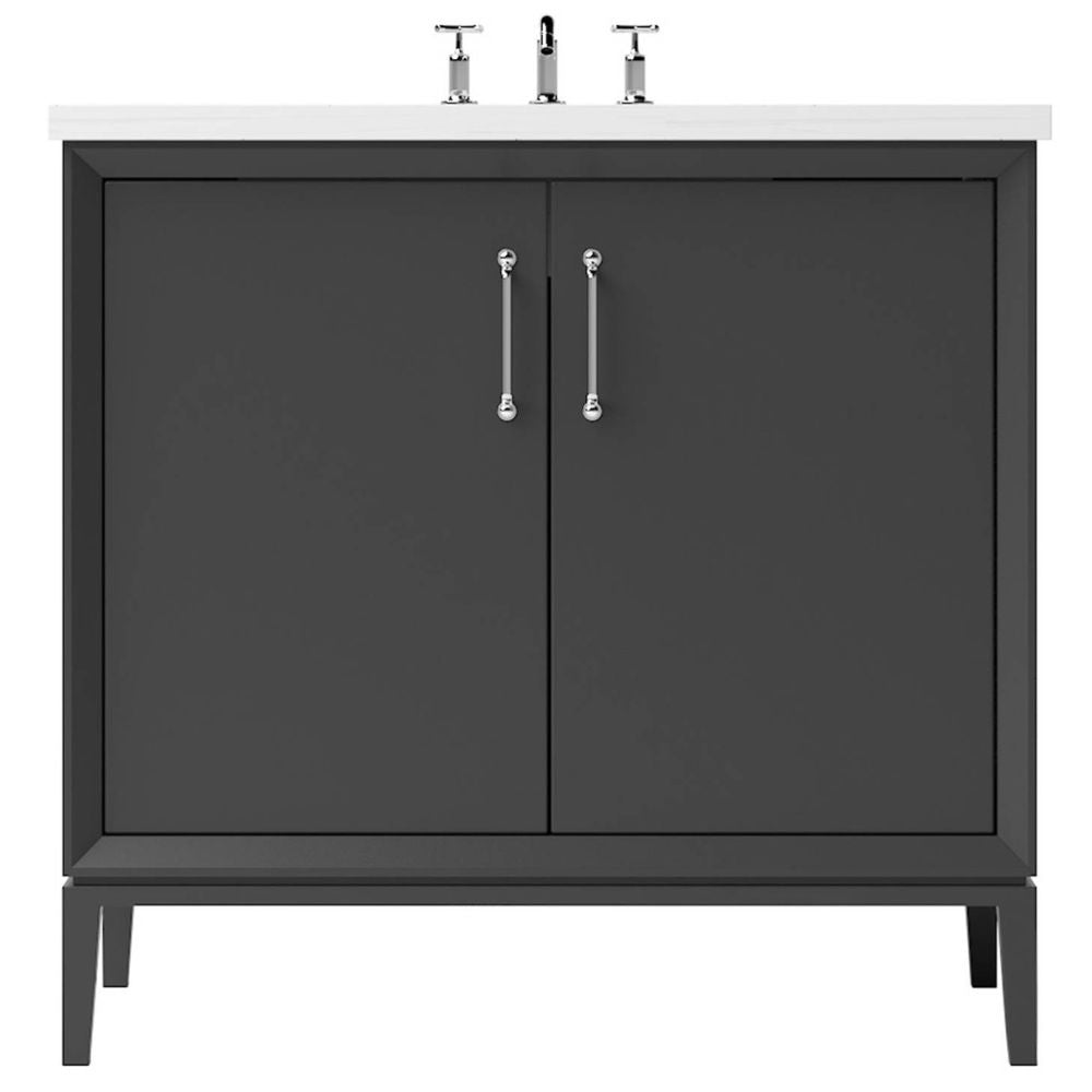 Gray bathroom vanity with white countertop and black fixtures on a white background