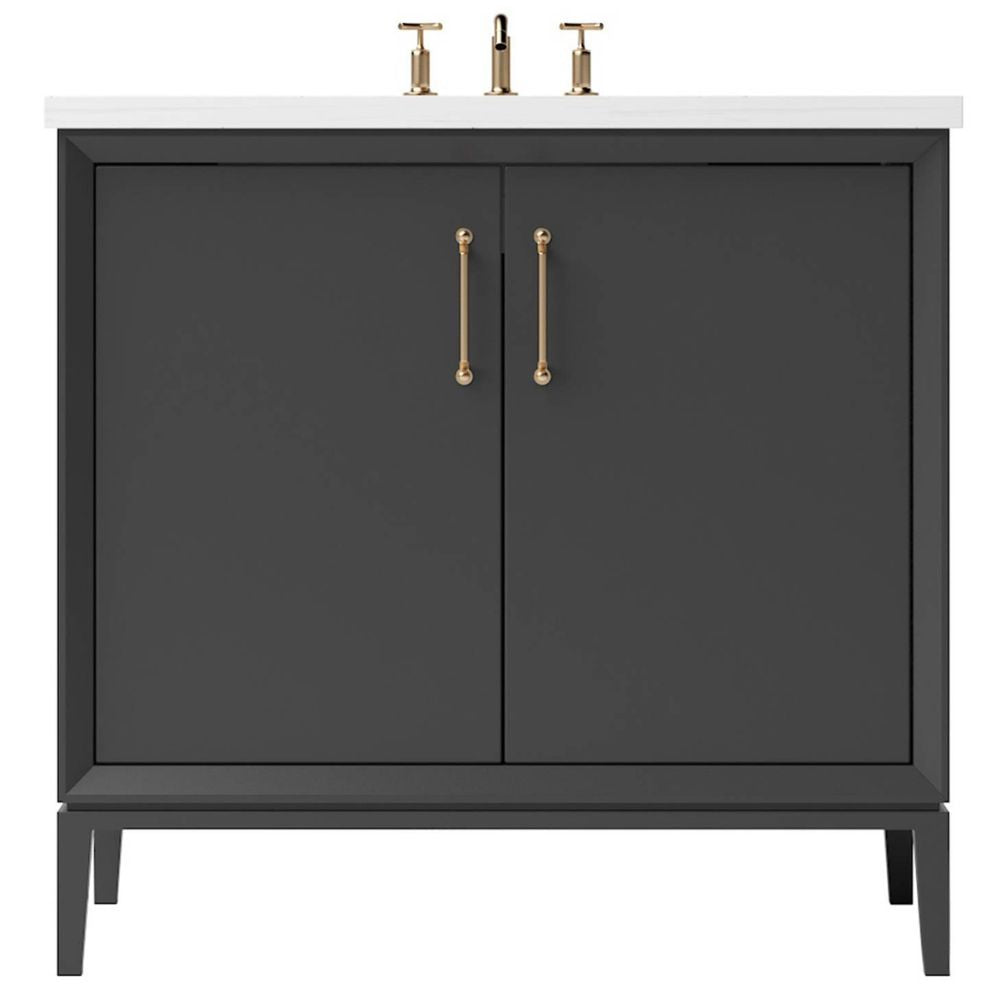 Bathroom vanity with two doors, gold handles, and a white countertop on a white background