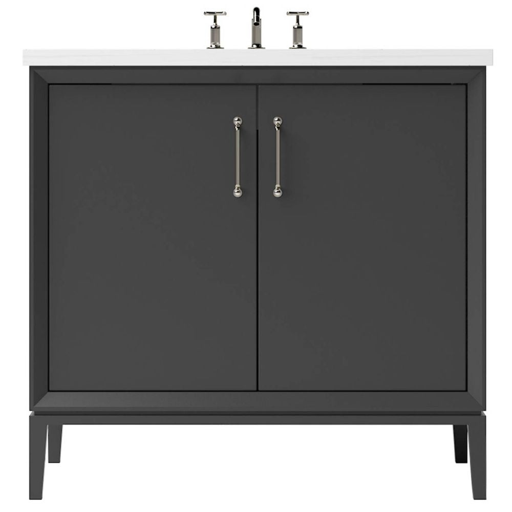 Gray bathroom vanity with white countertop and black fixtures on a white background