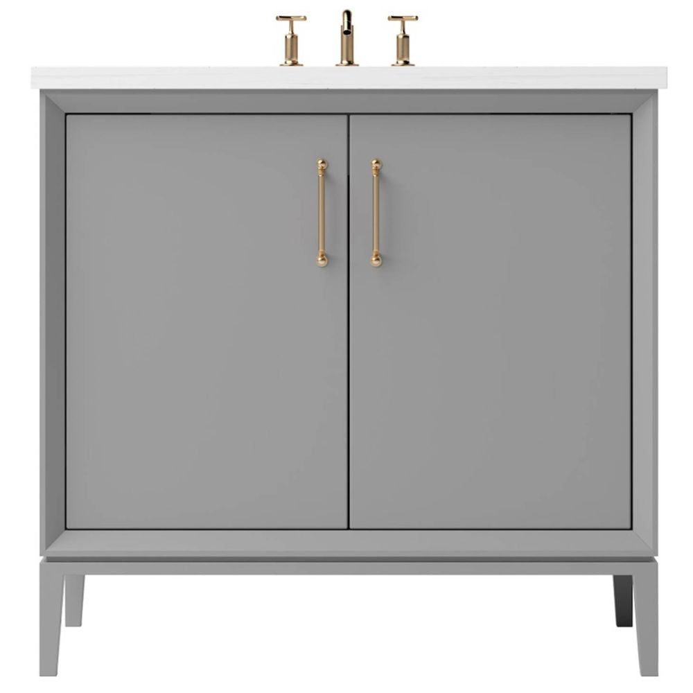 Gray bathroom vanity with gold handles on a white background