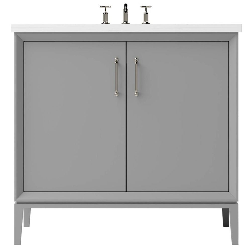 Gray bathroom vanity with gold handles on a white background
