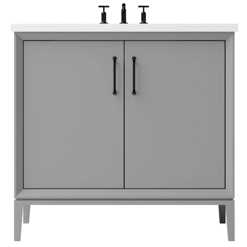 Gray bathroom vanity with white countertop and black fixtures on a white background