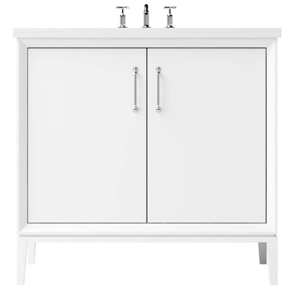 White bathroom vanity with two doors and a faucet on a white background