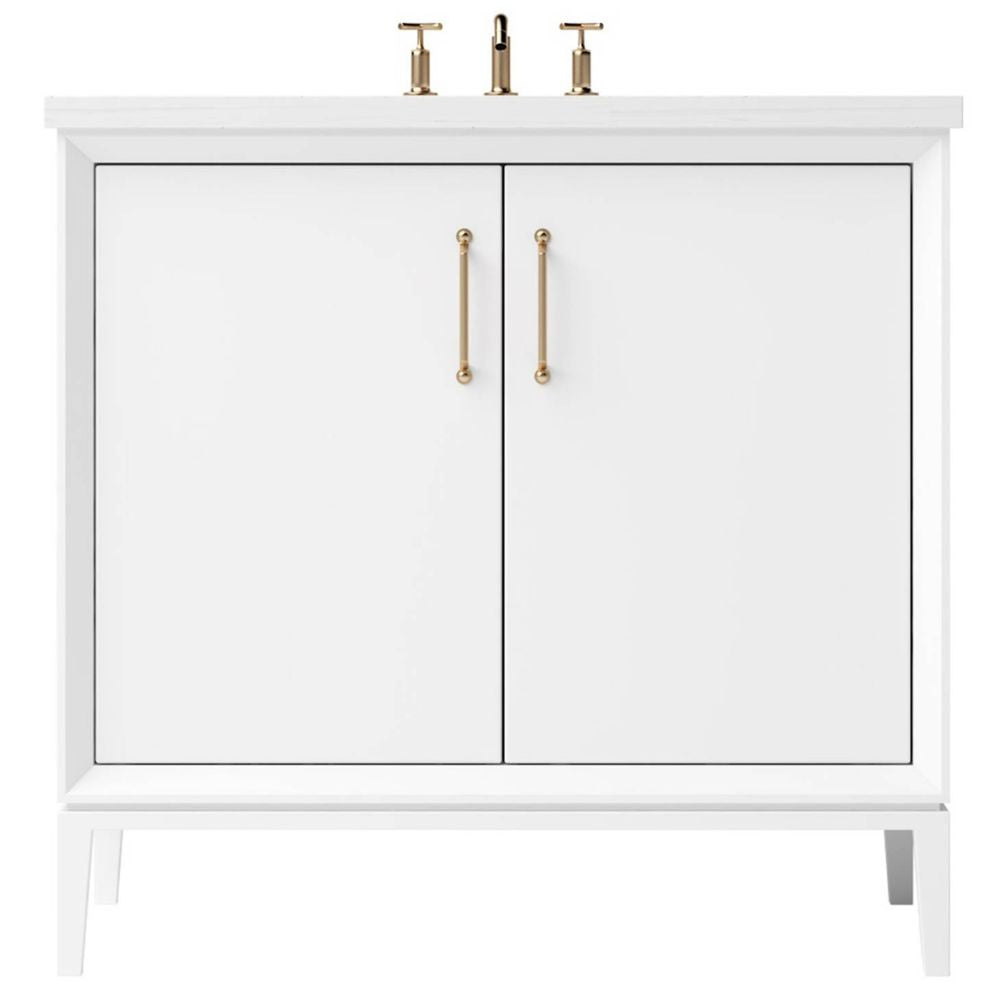 White bathroom vanity with gold fixtures on a white background