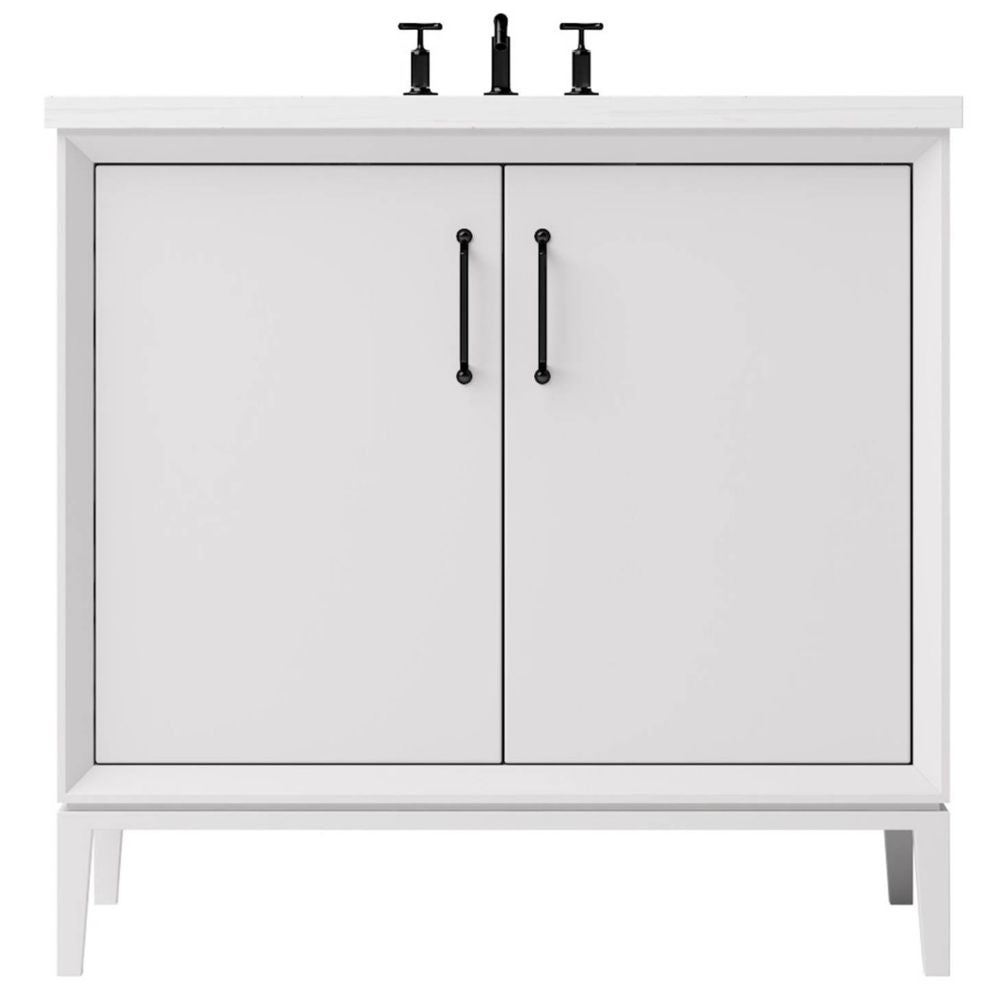 White bathroom vanity with black handles on a white background