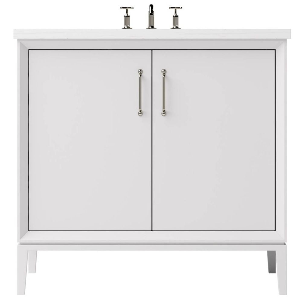 White bathroom vanity with gold handles on a white background