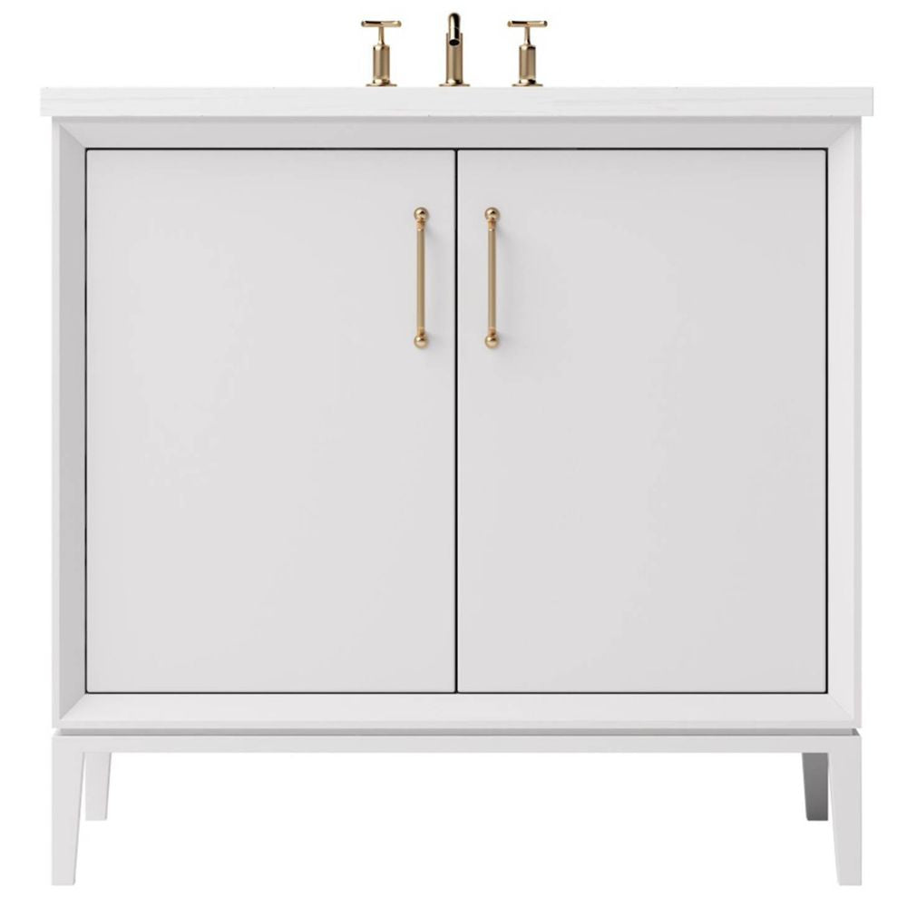 White bathroom vanity with gold handles on a white background