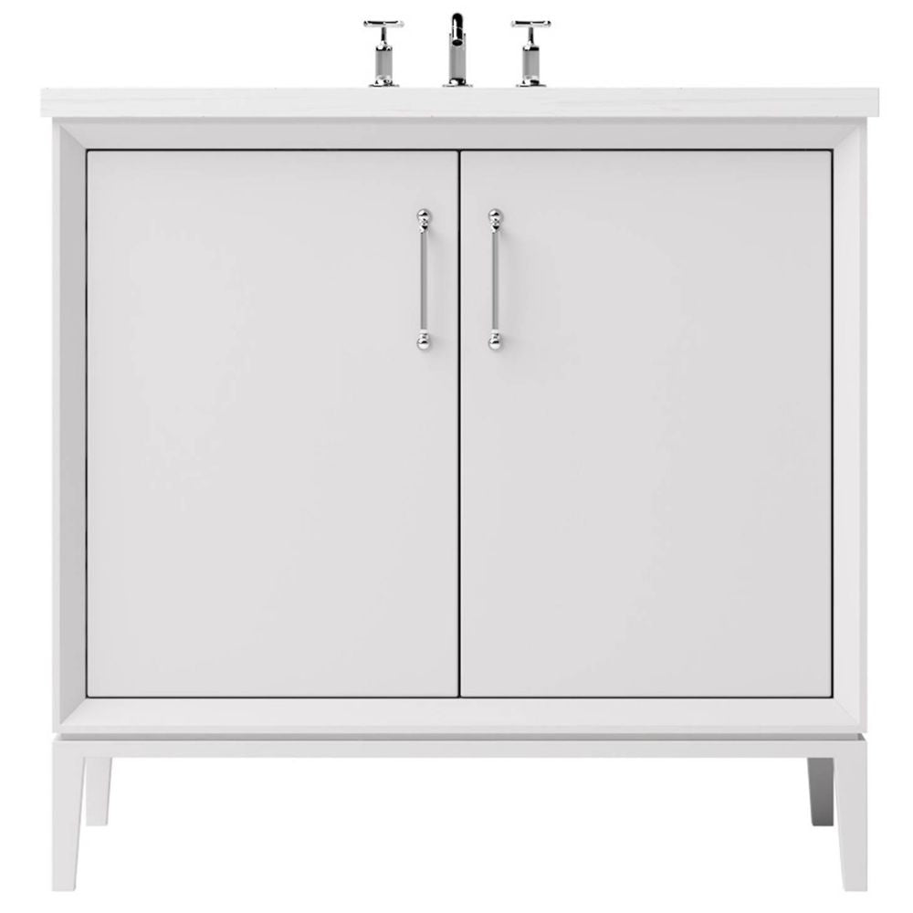 White bathroom vanity with two doors and two handles on a white background