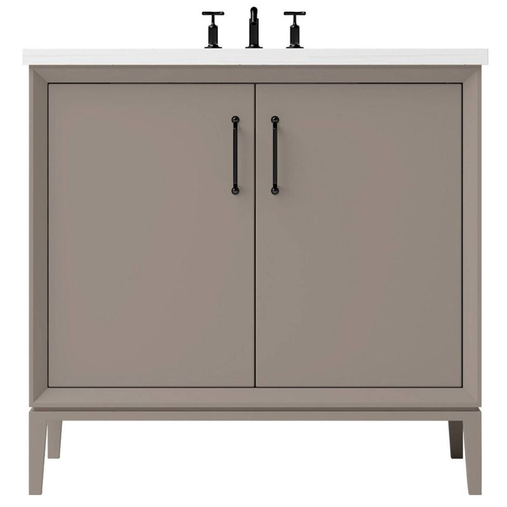 Bathroom vanity with two doors and a white countertop on a white background