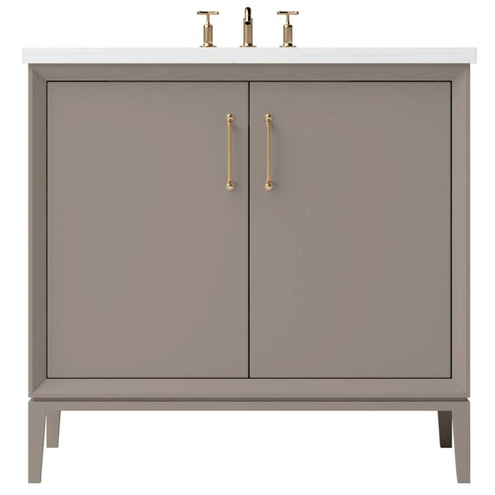Gray bathroom vanity with gold handles on a white background