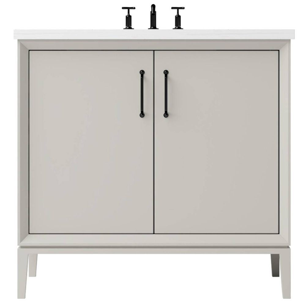 Bathroom vanity with two doors, black handles, and a white countertop on a white background