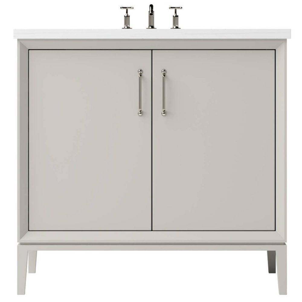 Gray bathroom vanity with gold handles on a white background