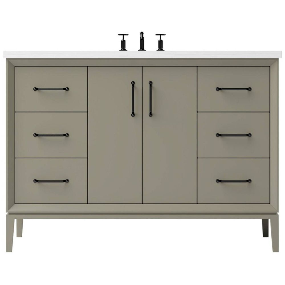 Bathroom vanity with white countertop and black fixtures on a white background
