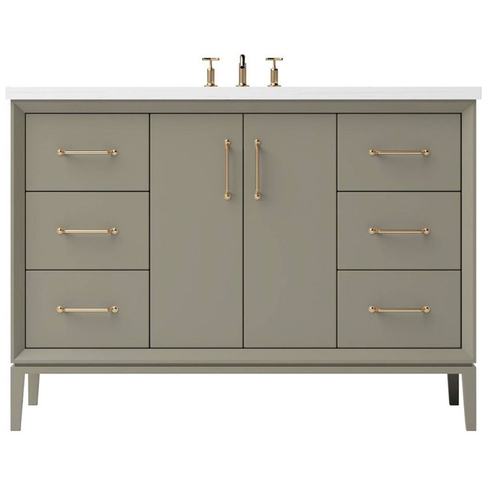 Gray bathroom vanity with gold handles on a white background
