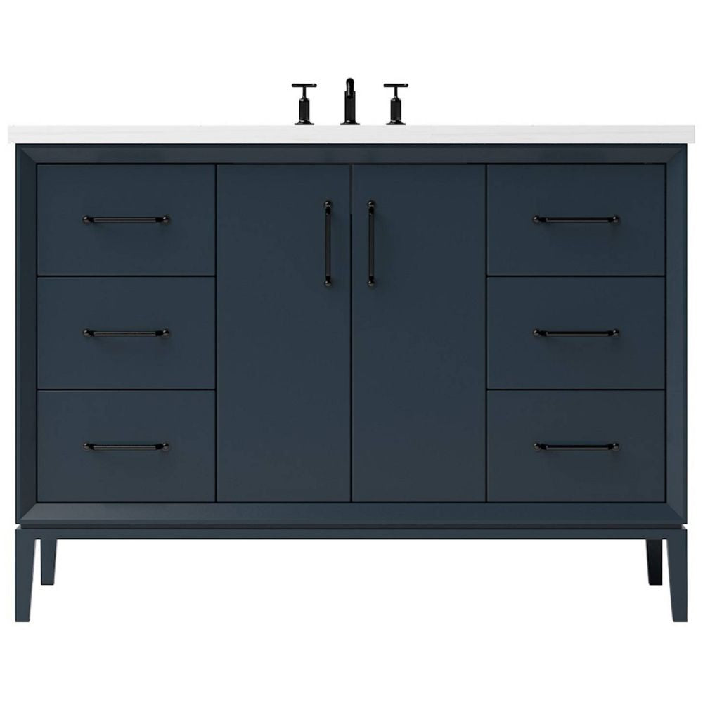 Bathroom vanity with dark blue cabinets, white countertop, and black fixtures on a white background