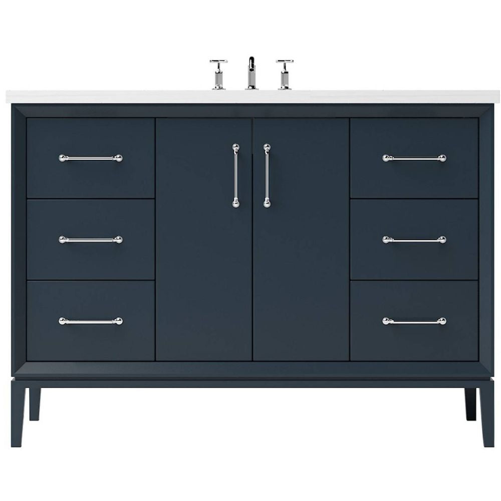 Bathroom vanity with dark blue cabinets, white countertop, and silver fixtures on a white background